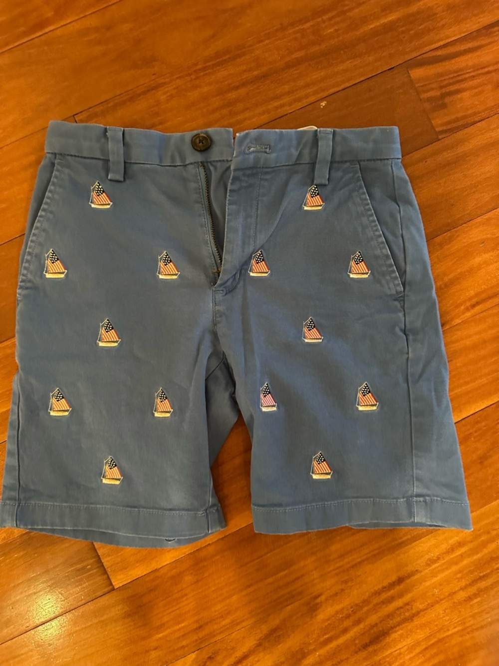 Boys Blue Embroidered American Flag Sailboat Shorts